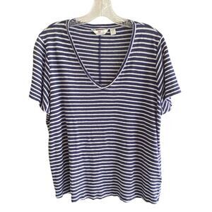 Vineyard Vines L Linen Top Striped V-Neck Short Sleeves Navy Blue Beachy Preppy